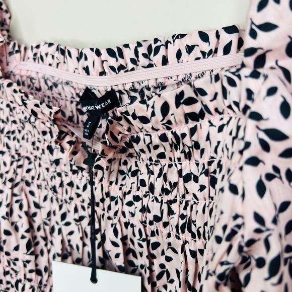 NWT Who What‎ Wear Pink Mini Leaves Smocked Puff-Sleeve Peplum Top Size S - Picture 4 of 11